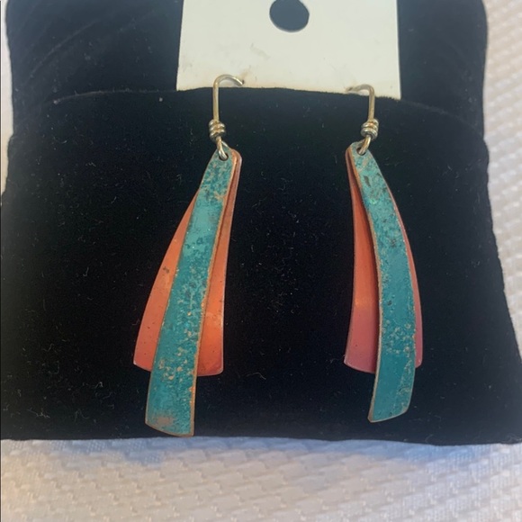Artsy Metal Turquoise and Rust Color Dangle Drop Earrings - Picture 1 of 3